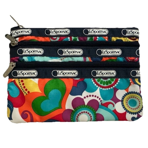 LeSportsac Vintage 3 Zip Pouch Makeup Case Retro Floral Print - Picture 1 of 3